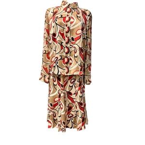 Escada Silk Pucci Pumpkin Cream Brown Paisley Top Fit Flare Skirt Set 44 XL 14